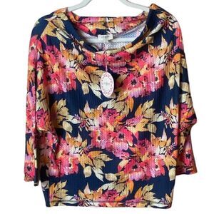 Umgee Sz Med Vibrant Floral Cowl Neck Dolman Sleeves Stretch Thermal Knit Top